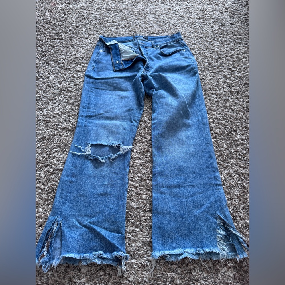 Express Crop Blue Flare Jeans with Distressed Details